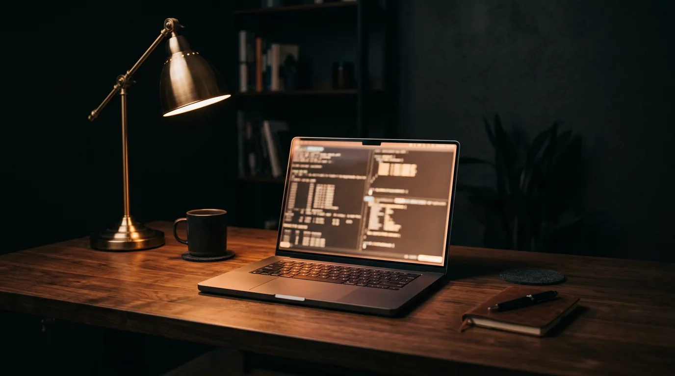A laptop on a desk at night running a local AI model, lit by a single warm desk lamp